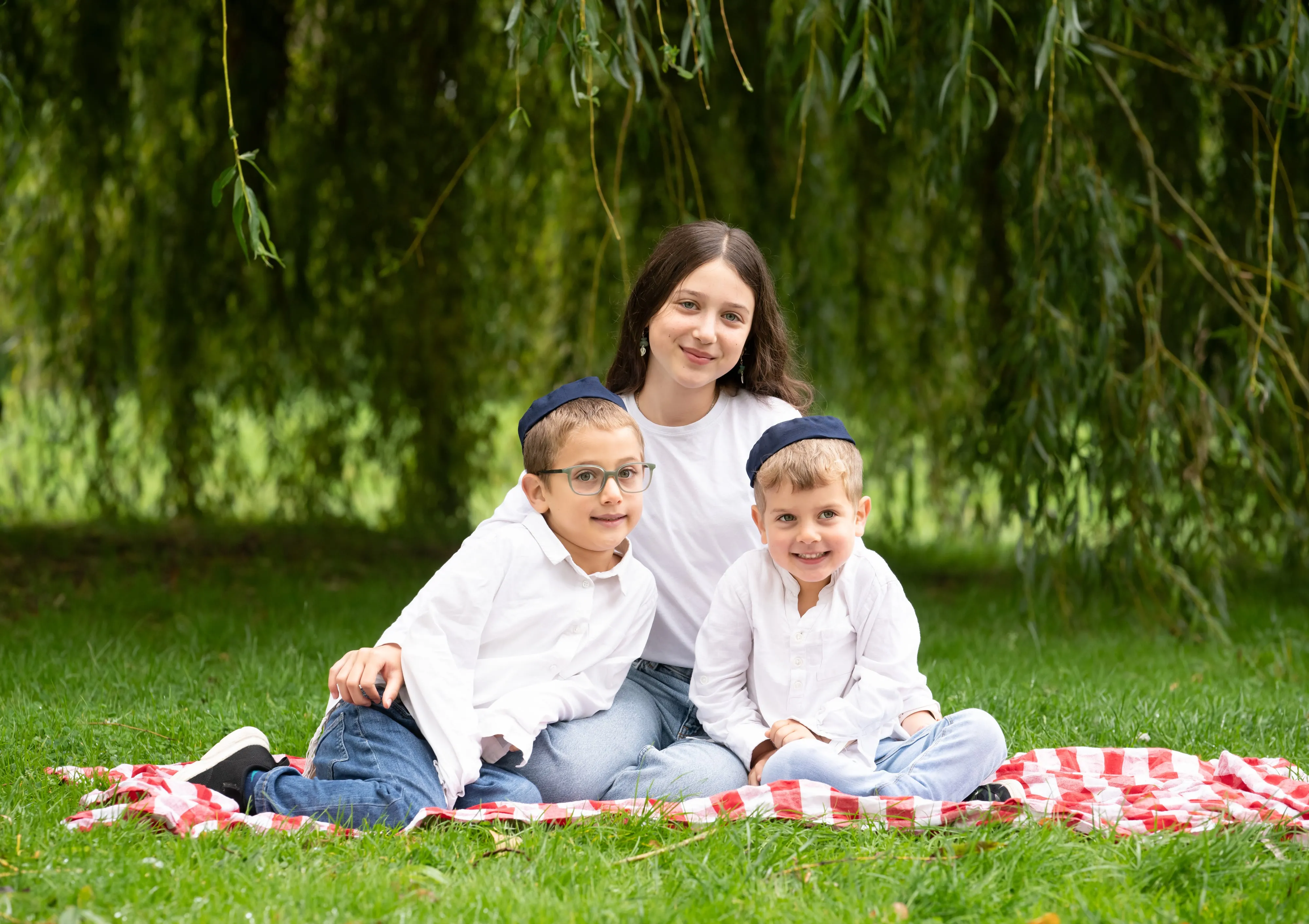 Three siblings strike see-no-evil, hear-no-evil, speak-no-evil poses on a red picnic rug under willow
